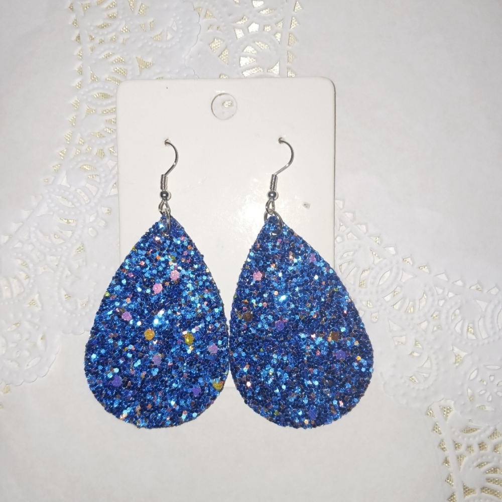 Sparkling Glitter Blue Faux Leather Lightweight Teardrop Earrings Women Girls